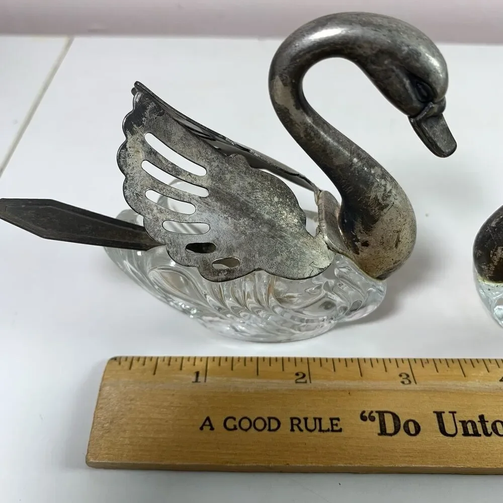 Swan Salt Cellar Silver Plated With Spoons Crystal Glass Tableware Collectible